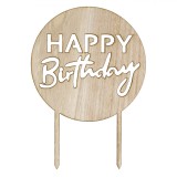 Decoratiune Tort, Happy Birthday, Lemn, 17x12cm, Maro, Oem