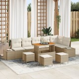 Set canapea gradina Gossi 10 piese cu perne bej ratan polis acacia, canapea gradina Gossi 2 locuri cu perne bej ratan polis, set dining gradina Gossi