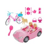 Set 2 papusi cu masina, bicicleta, catel si accesorii, Roz, ATU-088104, Plastic, Oem