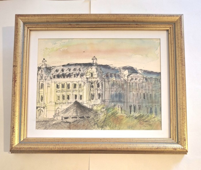 Palatul Universitatii &ndash; acuarela de Laurentiu Vasilescu, 1960