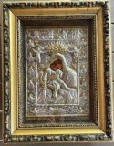 Icoană mare interbelică rom&acirc;nească. Sf&acirc;nta Fecioară cu Pruncul, Sf&acirc;nta Maria, alpaca, 45 x 35 cm, rama dubla, sticlă, stare buna, ortodoxie, credinta