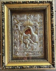Icoană mare interbelica. Sf&acirc;nta Fecioară cu Pruncul, Sf&acirc;nta Maria, alpaca, 45 x 35 cm, rama dubla, sticlă, stare buna, ortodoxie, credinta