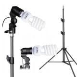 Trepied profesional iluminare studio cu bec fluorescent spiralat 45W, suport aluminiu reglabil pentru foto, video si streaming