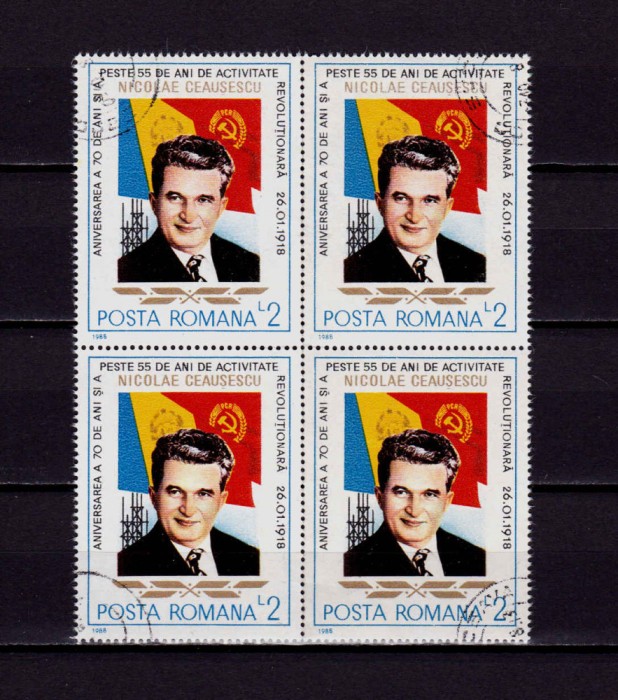 RO 1988 LP 1197 &quot;Aniv. 70 ani Nicolae Ceausescu&quot; , serie bloc 4 , stampilate