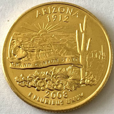 AMERICA QUARTER 1/4 DOLLAR 2008 LITERA D.(Statul Grand Canyon-ARIZONA)PLACAT AUR foto