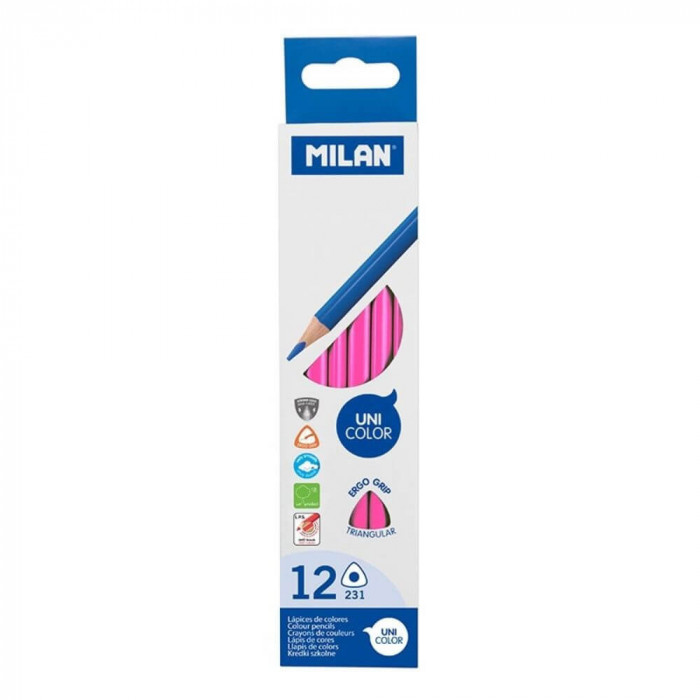 Set 12 Creioane Unicolor MILAN, Culoare Roz, Corp Hexagonal din Lemn, Creioane Roz, Set Creioane Roz, Creion Unicolor, Creioane Colorate, Creioane MIL