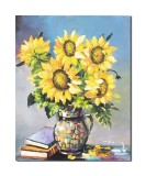 Cumpara ieftin Tablou vaza cu floarea soarelui si carti pictat manual, 50x40cm ulei pe panza, gata de agatat pe perete