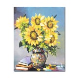 Tablou vaza cu floarea soarelui si carti pictat manual, 50x40cm ulei pe panza, gata de agatat pe perete