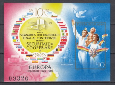 ROMANIA 1985 LP 1126 - 10 ANI DE LA SEMNAREA DOCUMENTULUI FINAL AL CONFERINTEI PENTRU SECURITATE-HELSINKI COLITA NEDANTELATA MNH foto