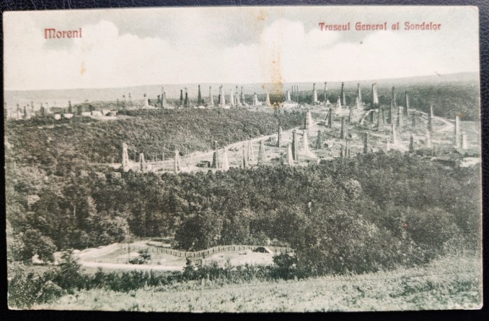 Moreni 1929 - Traseul General al Sondelor - printata, circulata la Arad in 1951, timbru detasat, stampile lizibile