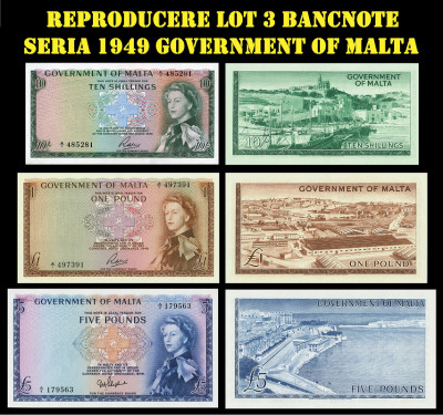 Reproducere lot 3 bancnote seria 1949 Government of Malta foto
