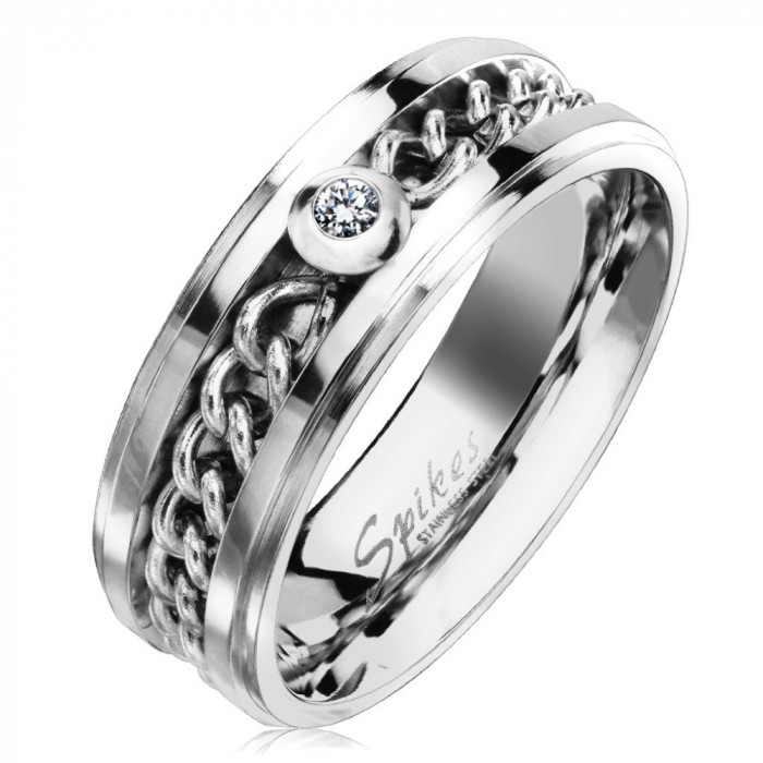 Inel din oțel inoxidabil argintiu cu lanț și zirconiu transparent, 7 mm - Marime inel: 65