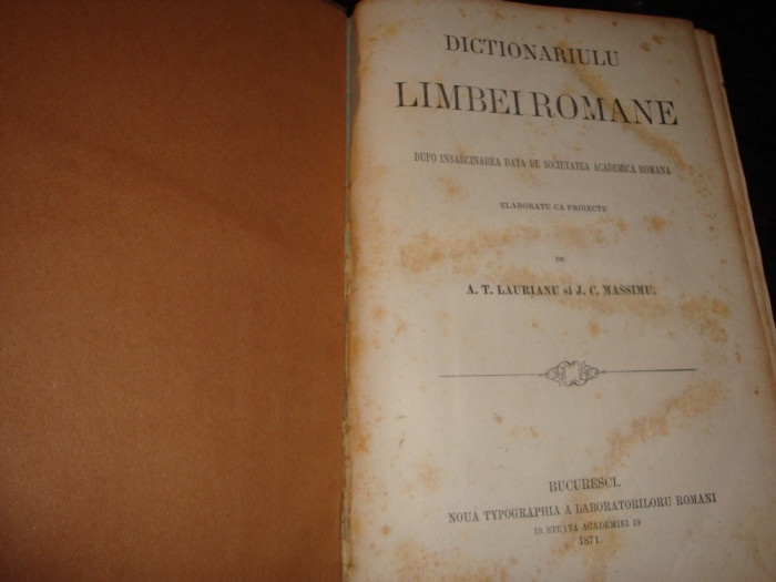 Laurianu / Massimu - Dictionarul limbii romane - vol 1 - ( 1871 )