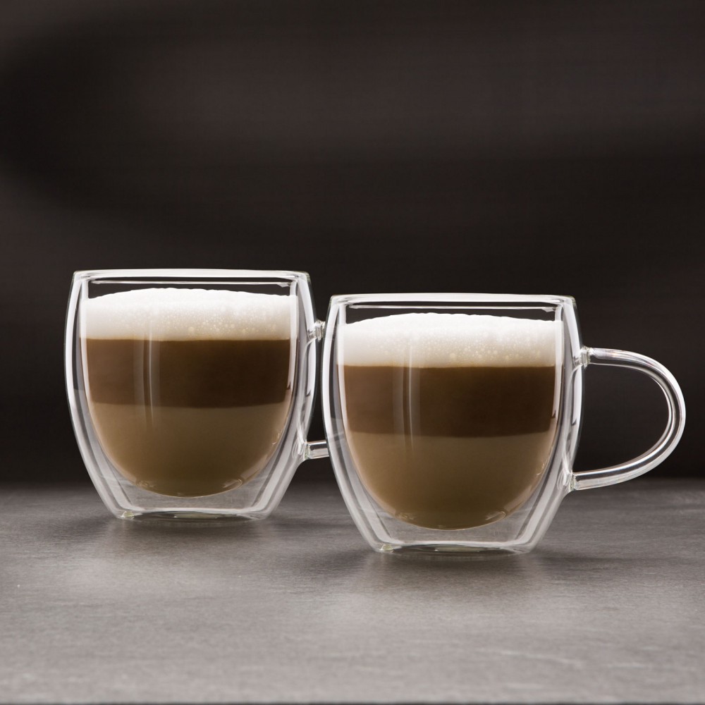 Set 2 Cani Cesti din Sticla cu Perete Dublu Thermo Transparent cu  Capacitate 250 ml pentru Cafea, Cappuccino, Latte Macchiato, Ceai |  Okazii.ro