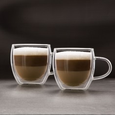 Set 2 Cani Cesti din Sticla cu Perete Dublu Thermo Transparent cu Capacitate 250 ml pentru Cafea, Cappuccino, Latte Macchiato, Ceai