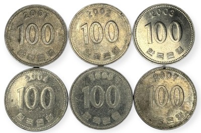 Coreea de Sud , lot 21 - 6 buc x 100 Won 2001 , 2002 , 2003 , 2004 , 2005 , 2007 foto