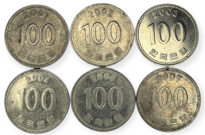 Coreea de Sud , lot 21 - 6 buc x 100 Won 2001 , 2002 , 2003 , 2004 , 2005 , 2007