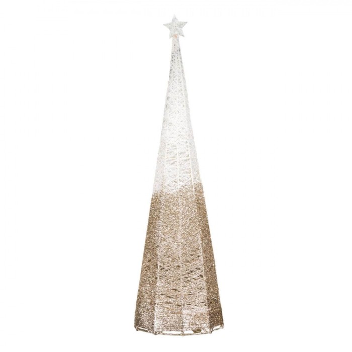 Decorațiune Crăciun Brad Metalic, &Icirc;nălțime 43 cm, Culoare Alb-Bej, Stea Albă, Glitter Bej