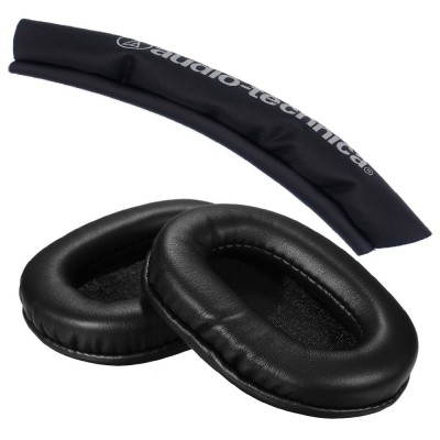 Set 2 bureti + Banda superioara pentru casti Audio-Technica ATH-M50XBT / ATH-M40X / ATH-M30X / ATH-M20X - Negru - Piele ecologica - Spuma cu memorie foto