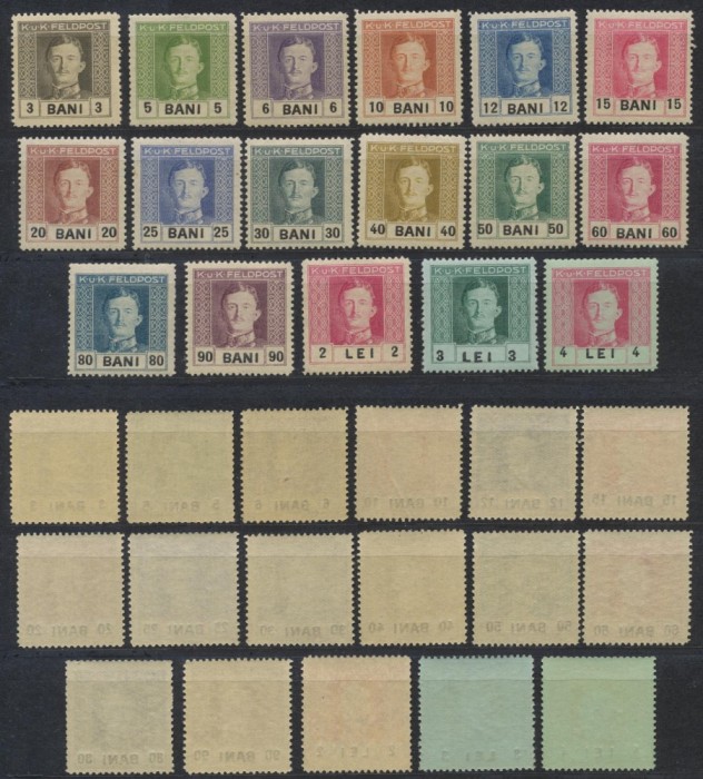 Austria ocupatia in Romania din Primul Razboi Mondial 1917 serie completa 17 timbre cu cartus valoric pe fond alb, MNH