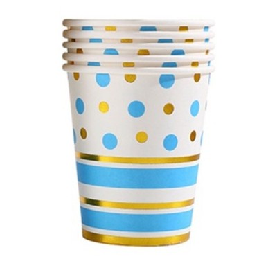 Set 10 pahare, flippy, imprimeu cu buline si dungi, din carton, 250 ml, 7.5 x 8.5 x 5.2 cm, albastru/auriu foto