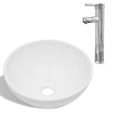 Cumpara ieftin Chiuveta de baie cu robinet mixer, ceramica, rotund, alb