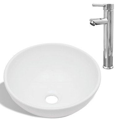 Chiuveta de baie cu robinet mixer, ceramica, rotund, alb foto