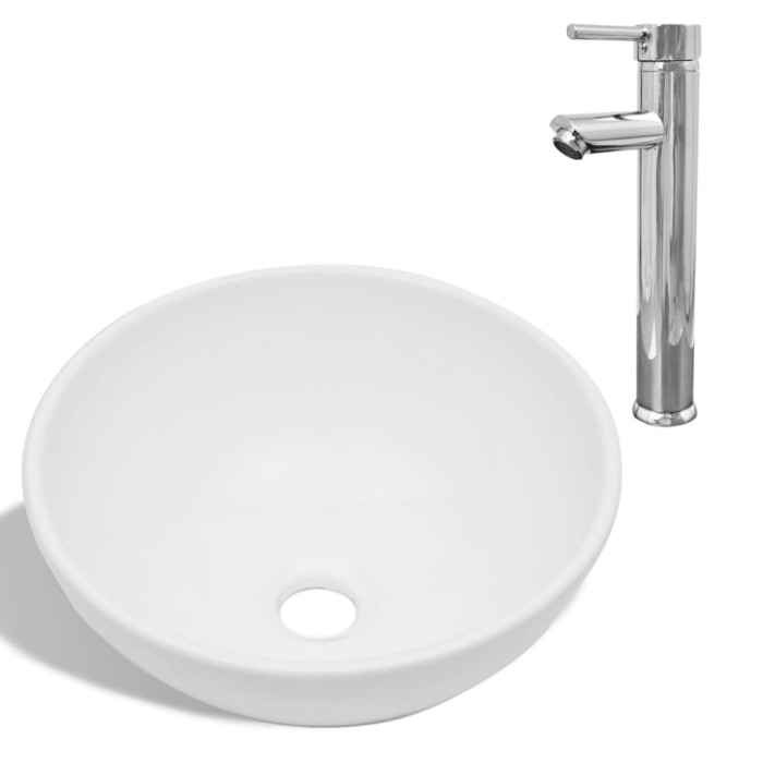 Chiuveta de baie cu robinet mixer, ceramica, rotund, alb
