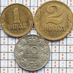 Set 3 monede Iugoslavia 1, 2, 10 dinara 1938 - Petar II - A028