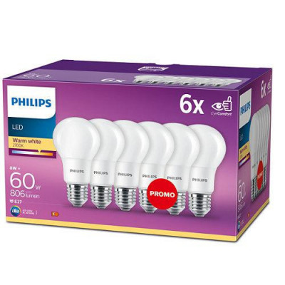 6 Becuri LED Philips A60, E27, 8W (60W), 806 lm, lumina calda (2700K), mat foto