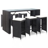 Set mobilier bar de grădină cu perne, 7 piese, negru, poliratan, vidaXL