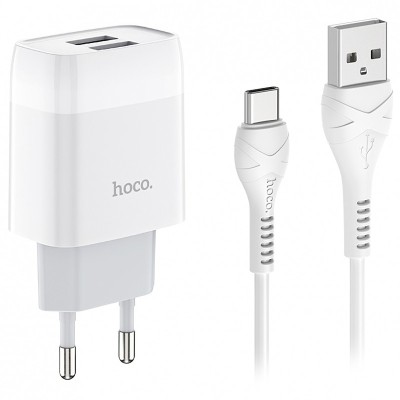 Incarcator Retea cu cablu USB Tip-C HOCO C73, 2 X USB, 2.4A, Alb foto