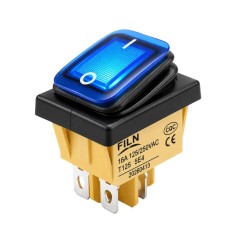 Intrerupator rocker basculant ON-OFF, KCD4-0111-21, 4pini, 250VAC, 16A, 30x22mm, LED albastru, cu retinere, IP65