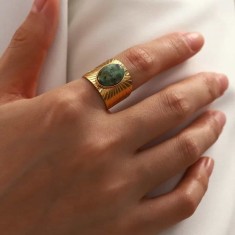 Inel Vintage Femei, Placat Aur 14K, Model Retro Elegant Cu Piatra Naturala