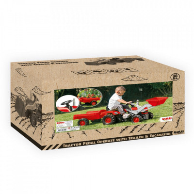 Tractor - excavator cu pedale și remorcă, Roșu, 54x183x45 cm, 5-7 ani, 3-5 ani, Băieți foto