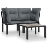 Set mobilier de gradina cu perne, 3 piese, negru/gri, poliratan