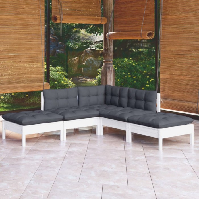 vidaXL Set mobilier grădină cu perne, 5 piese, alb, lemn de pin 3096311