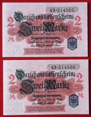 Germania 2 x 2 mark 1914 seria albastra serii consecutive 565 566 ** foto