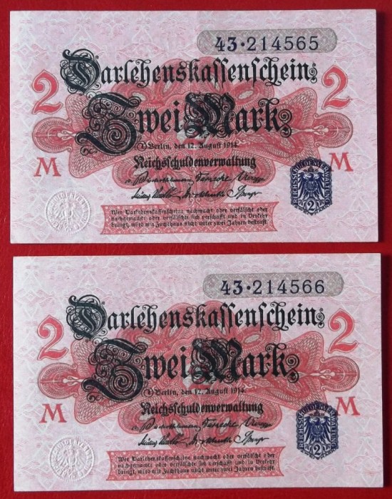Germania 2 x 2 mark 1914 seria albastra serii consecutive 565 566 **