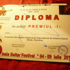 Diploma Premiul I -Fundatia Romana de Chitara-Festival Internat.Sinaia2016