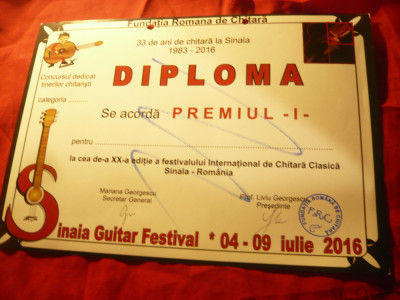 Diploma Premiul I -Fundatia Romana de Chitara-Festival Internat.Sinaia2016 foto