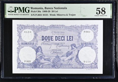 20 lei 1920 PMG58 aUNC bancnota gradata foto