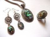 Set Bijuterii Sidef Paua: Cercei, Colier, Inel Reglabil - Handmade Fashion