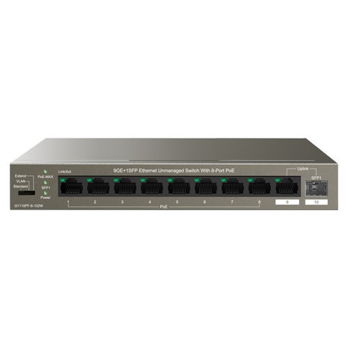 Switch 8 porturi Gigabit PoE, 1 x RJ45 Gigabit Uplink, 1 x SFP Gigabit Uplink - IP-COM G1110PF-8-102W SafetyGuard Surveillance