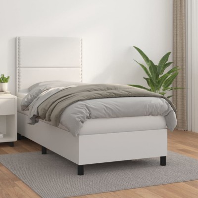 vidaXL Pat box spring cu saltea, alb, 90x190 cm, piele ecologică 3142756 foto