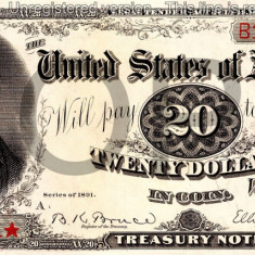 20 dolari 1891 Reproducere Bancnota USD , Dimensiune reala 1:1