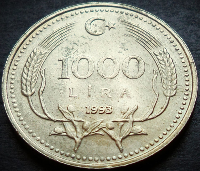Moneda 1000 LIRE - TURCIA, anul 1993 * cod 642 A = luciu batere