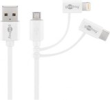 Cablu combo 3 in 1 micro USB cu adaptor USB-C si Lightning MFI 1m Alb, Goobay 45562