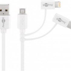 Cablu combo 3 in 1 micro USB cu adaptor USB-C si Lightning MFI 1m Alb, Goobay 45562