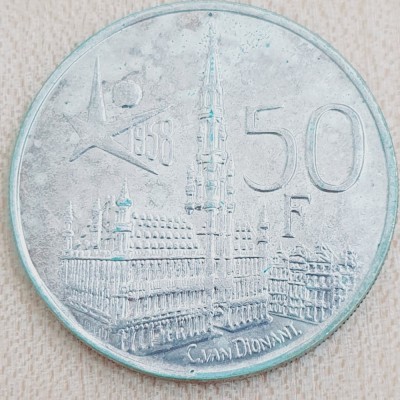 809 Belgia 50 Francs 1958 Brussels World Fair French text km 150 argint foto